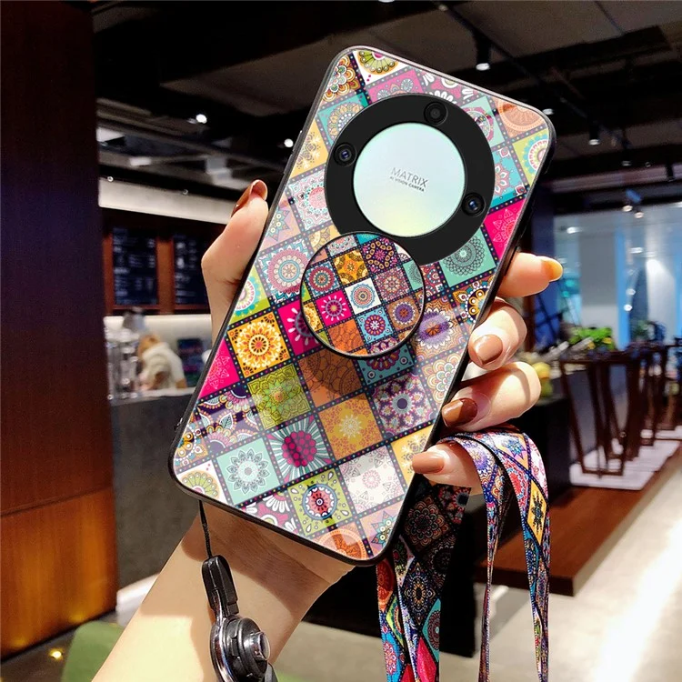 For Honor X9a 5G Flower Pattern Kickstand Phone Case PC+TPU+Tempered Glass Anti-drop Cover with Lanyard - Color Pattern