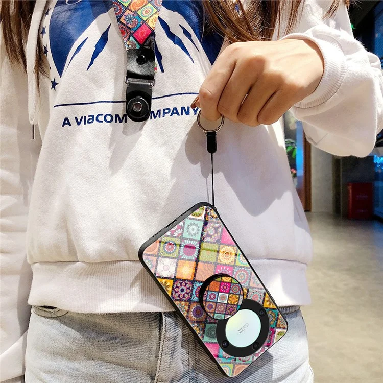 For Honor X9a 5G Flower Pattern Kickstand Phone Case PC+TPU+Tempered Glass Anti-drop Cover with Lanyard - Color Pattern