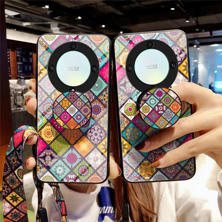 For Honor X9a 5G Flower Pattern Kickstand Phone Case PC+TPU+Tempered Glass Anti-drop Cover with Lanyard - Color Pattern
