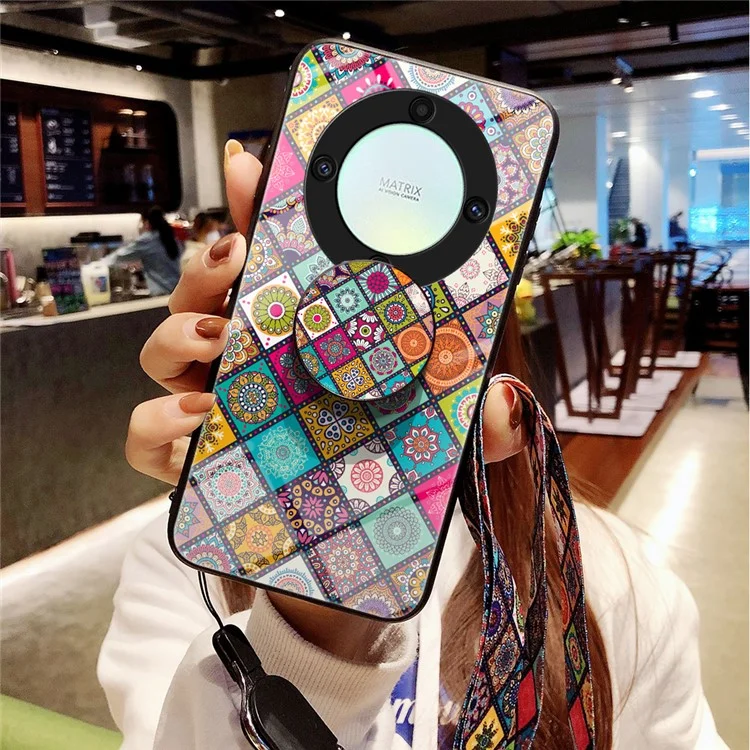 For Honor X9a 5G Flower Pattern Kickstand Phone Case PC+TPU+Tempered Glass Anti-drop Cover with Lanyard - Color Pattern