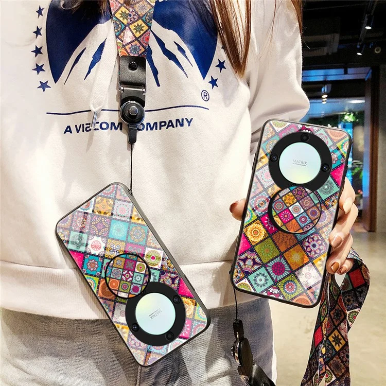 For Honor X9a 5G Flower Pattern Kickstand Phone Case PC+TPU+Tempered Glass Anti-drop Cover with Lanyard - Color Pattern
