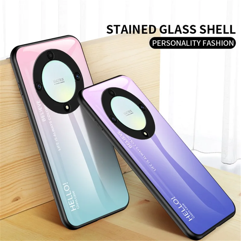 For Honor X9a 5G Tempered Glass+PC+TPU Phone Cover Gradient Color Smartphone Case - Black