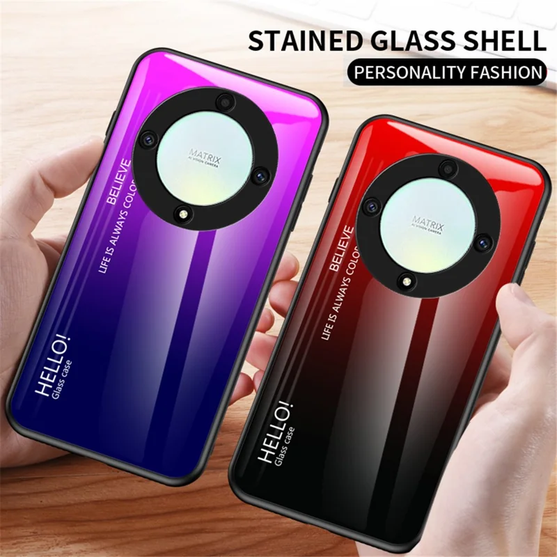 For Honor X9a 5G Tempered Glass+PC+TPU Phone Cover Gradient Color Smartphone Case - White