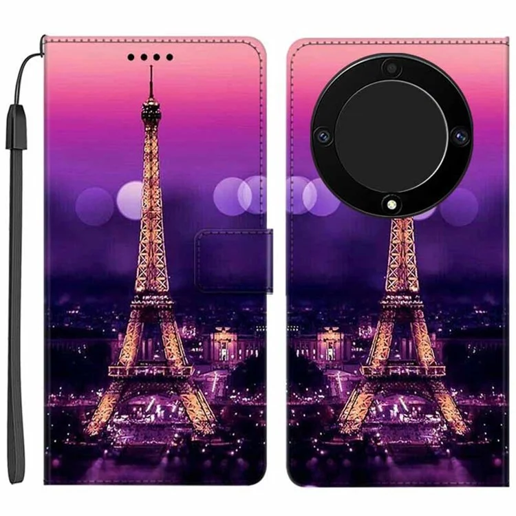 For Honor X9a 5G Custodia in Pelle PU con Stampa a Motivi, Supporto Pieghevole e Portafoglio con Cinturino - Torre Viola 