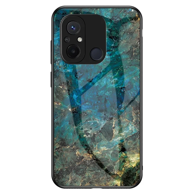 For Xiaomi Redmi 12C 4G Tempered Glass Phone Case Marble Pattern Design PC +TPU Protective Cover - Emerald Marble