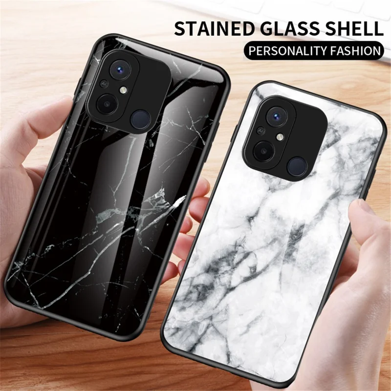 For Xiaomi Redmi 12C 4G Tempered Glass Phone Case Marble Pattern Design PC +TPU Protective Cover - Emerald Marble