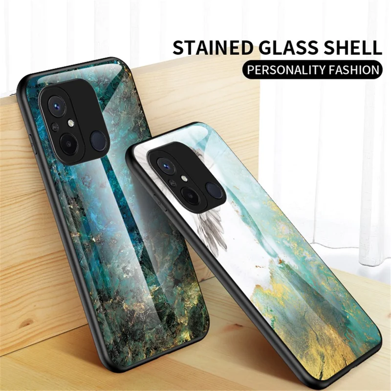 For Xiaomi Redmi 12C 4G Tempered Glass Phone Case Marble Pattern Design PC +TPU Protective Cover - Emerald Marble