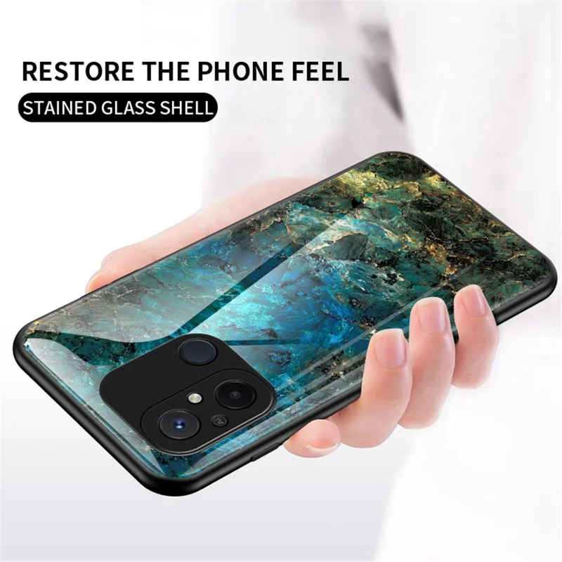 For Xiaomi Redmi 12C 4G Tempered Glass Phone Case Marble Pattern Design PC +TPU Protective Cover - Emerald Marble