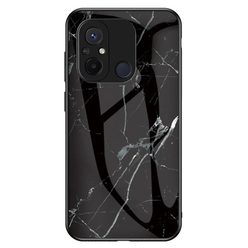 For Xiaomi Redmi 12C 4G Tempered Glass Phone Case Marble Pattern Design PC +TPU Protective Cover - Black Marble