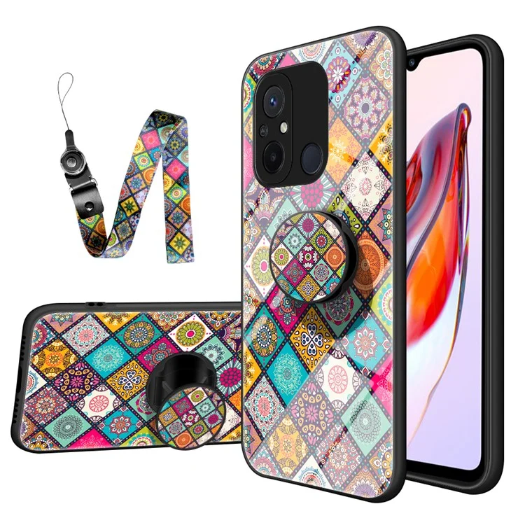 Para Xiaomi Redmi 12C 4G Anti-Scratch Tempered Glass Back Cover Flower Pattern PC+TPU Kickstand Phone Case con Cordón - Patrón a Cuadros