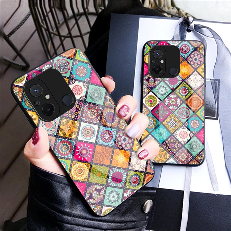 Para Xiaomi Redmi 12C 4G Anti-Scratch Tempered Glass Back Cover Flower Pattern PC+TPU Kickstand Phone Case con Cordón - Patrón a Cuadros