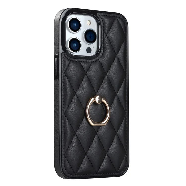 For iPhone 12 Pro Max Anti-Dust PU Leather+TPU Phone Case Stitching Rhombus Ring Holder Kickstand Phone Shell - Black