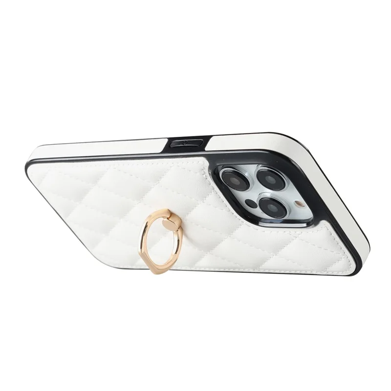 For iPhone 12 Pro Max Anti-Dust PU Leather+TPU Phone Case Stitching Rhombus Ring Holder Kickstand Phone Shell - White