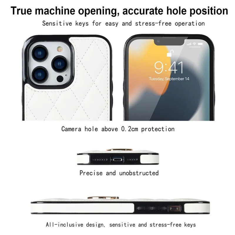 For iPhone 12 Pro Max Anti-Dust PU Leather+TPU Phone Case Stitching Rhombus Ring Holder Kickstand Phone Shell - White