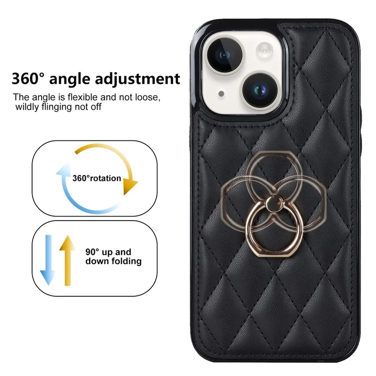 For iPhone 13 mini 5.4 inch Anti-Scratch Phone Cover Stitching Rhombus PU Leather+TPU Phone Case with Ring Holder Kickstand - Black