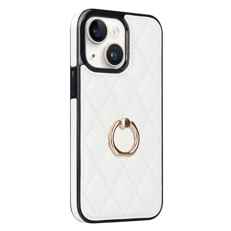 For iPhone 13 mini 5.4 inch Anti-Scratch Phone Cover Stitching Rhombus PU Leather+TPU Phone Case with Ring Holder Kickstand - White