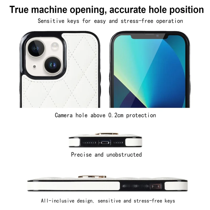 For iPhone 13 mini 5.4 inch Anti-Scratch Phone Cover Stitching Rhombus PU Leather+TPU Phone Case with Ring Holder Kickstand - White