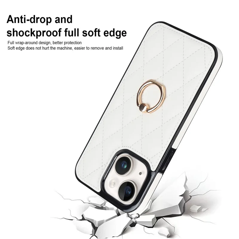 For iPhone 13 mini 5.4 inch Anti-Scratch Phone Cover Stitching Rhombus PU Leather+TPU Phone Case with Ring Holder Kickstand - White
