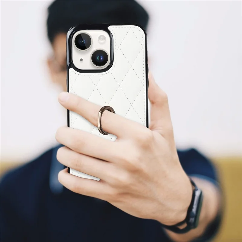For iPhone 13 mini 5.4 inch Anti-Scratch Phone Cover Stitching Rhombus PU Leather+TPU Phone Case with Ring Holder Kickstand - White