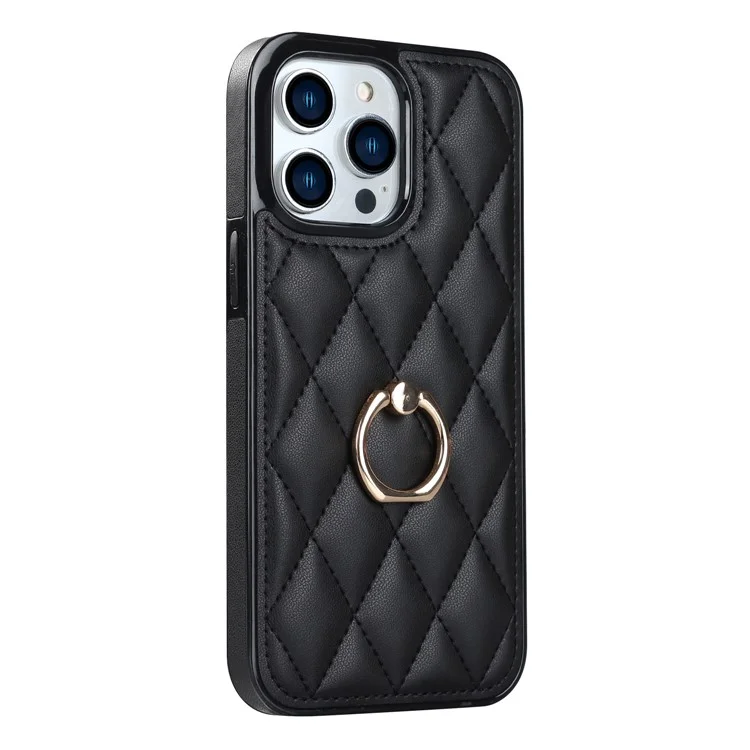 PU Leather+TPU Phone Case for iPhone 13 Pro Max , Stitching Rhombus Ring Holder Kickstand Phone Cover - Black