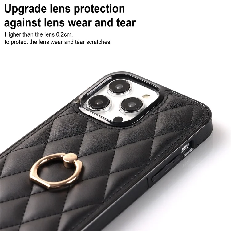 PU Leather+TPU Phone Case for iPhone 13 Pro Max , Stitching Rhombus Ring Holder Kickstand Phone Cover - Black