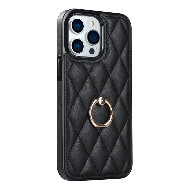 Para iPhone 13 Pro 6.1 polegadas Stitching Rhombus Ring Holder PU Leather+TPU Phone Case Kickstand Phone Cover - Preto
