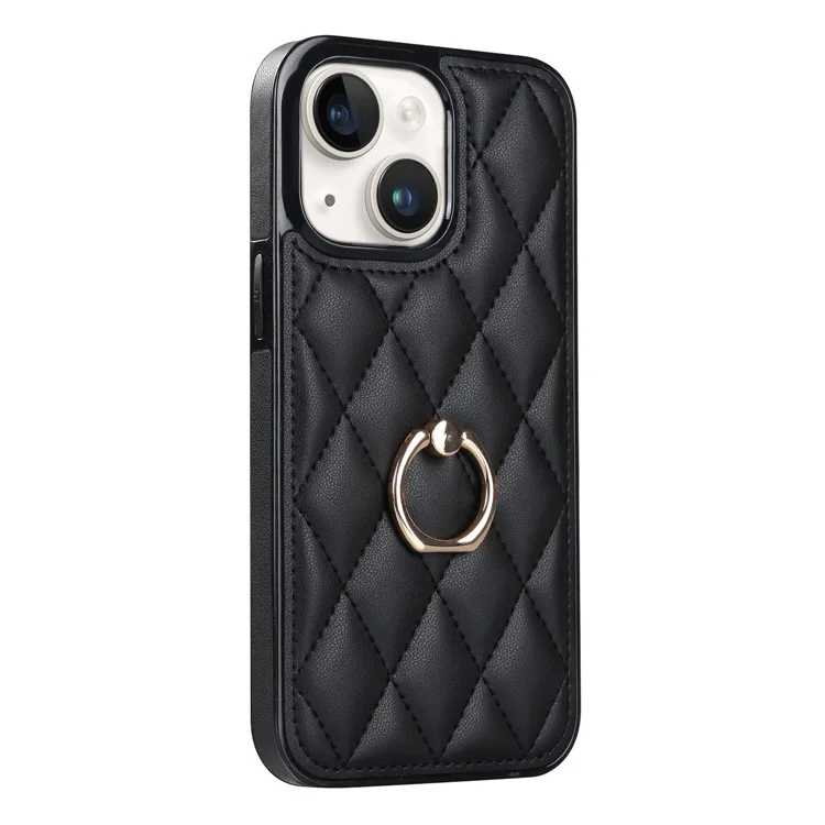 Para iPhone 13 de 6.1 pulgadas Funda de teléfono de piel de PU+TPU Costura Soporte de anillo con soporte Funda de teléfono - Negro