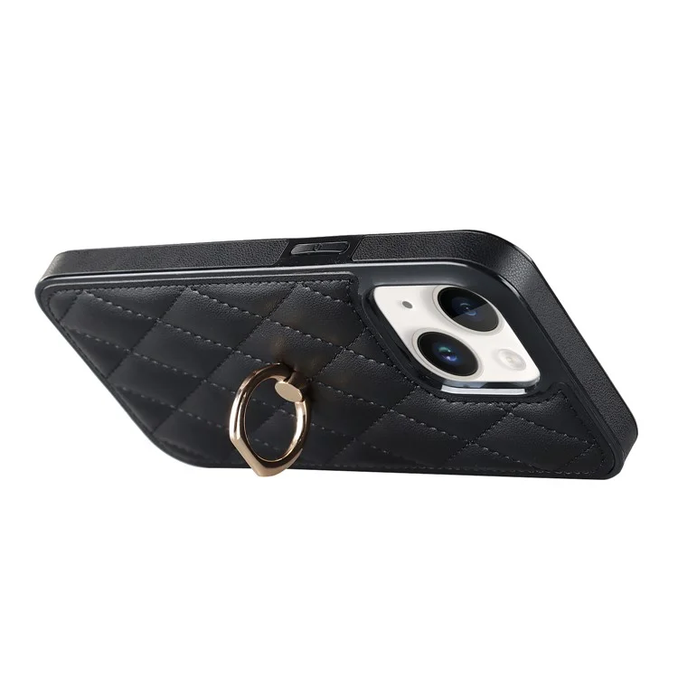 Para iPhone 13 de 6.1 pulgadas Funda de teléfono de piel de PU+TPU Costura Soporte de anillo con soporte Funda de teléfono - Negro