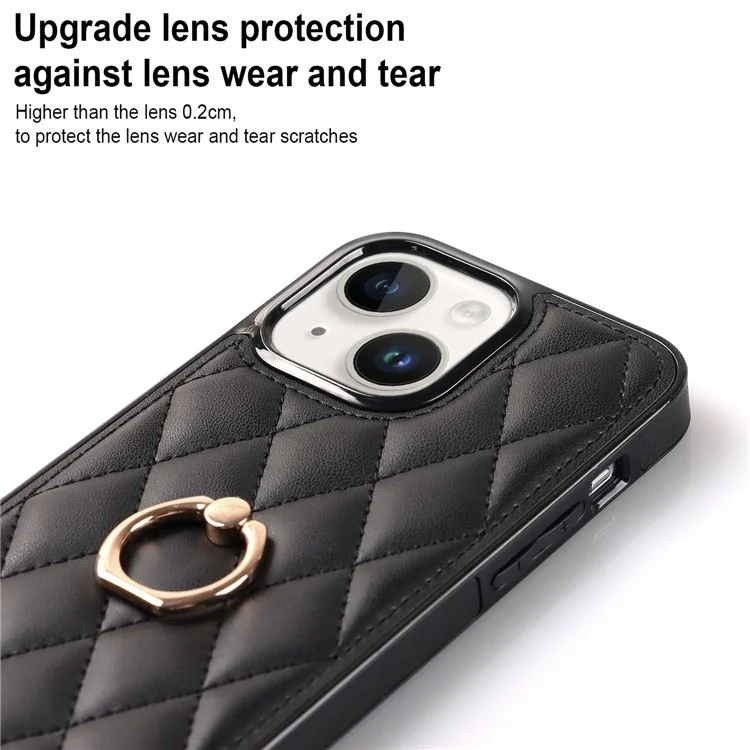 Para iPhone 13 de 6.1 pulgadas Funda de teléfono de piel de PU+TPU Costura Soporte de anillo con soporte Funda de teléfono - Negro