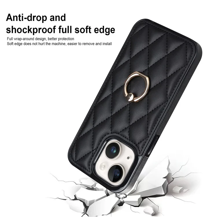Para iPhone 13 de 6.1 pulgadas Funda de teléfono de piel de PU+TPU Costura Soporte de anillo con soporte Funda de teléfono - Negro