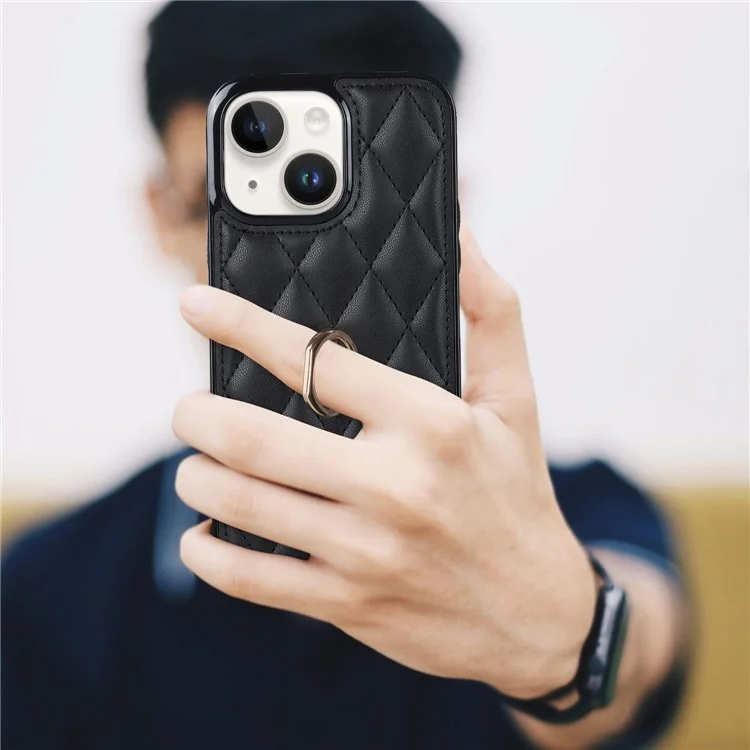 Para iPhone 13 de 6.1 pulgadas Funda de teléfono de piel de PU+TPU Costura Soporte de anillo con soporte Funda de teléfono - Negro