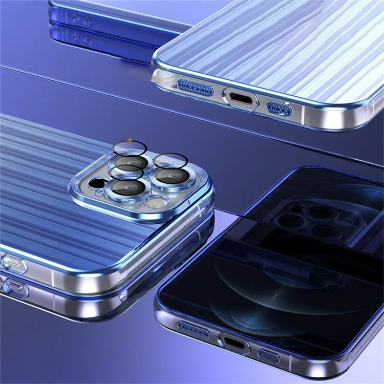 Para iPhone 12 Pro Max de 6.7 pulgadas, funda de TPU con película protectora de lente Electrochapado Streamer Cepillado Funda de teléfono - Plata