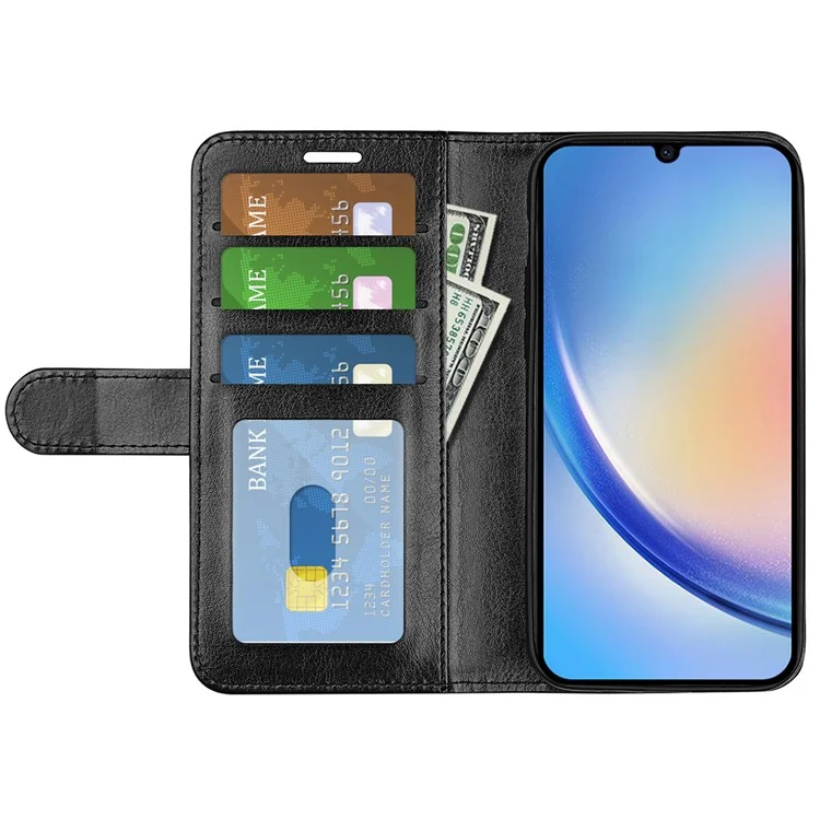 For Samsung Galaxy A24 4G (162.1 x 77.6 x 8.3mm) PU Leather Wallet Flip Cover Crazy Horse Texture Stand Phone Case - Black