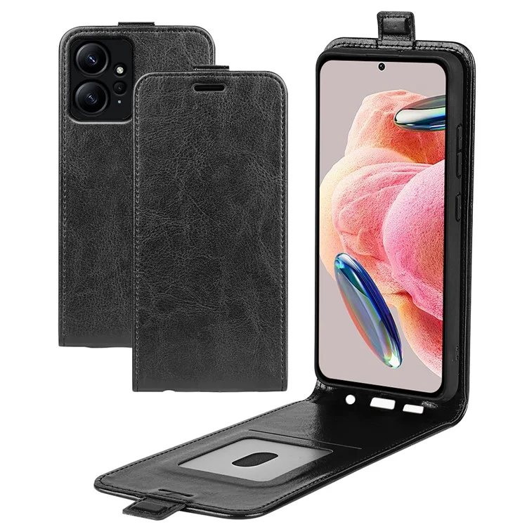 Para Xiaomi Redmi Note 12 4G Vertical Flip Phone Case Crazy Horse Texture Card Holder PU Leather Protective Cover - Negro