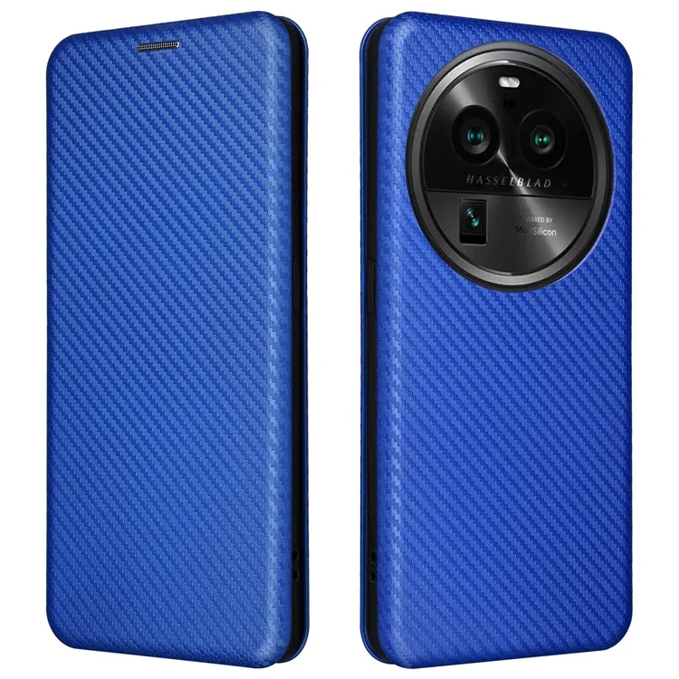 Para Oppo Find X6 Pro Cubierta de teléfono de cuero PU con soporte Textura de fibra de carbono Estuche de teléfono con ranura para tarjeta - Azul