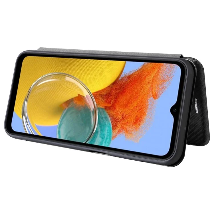 Custodia per telefono per Samsung Galaxy M14 5G Cover TPU+PU Leather Stand Carbon Fiber Texture Case con slot per schede - Nero