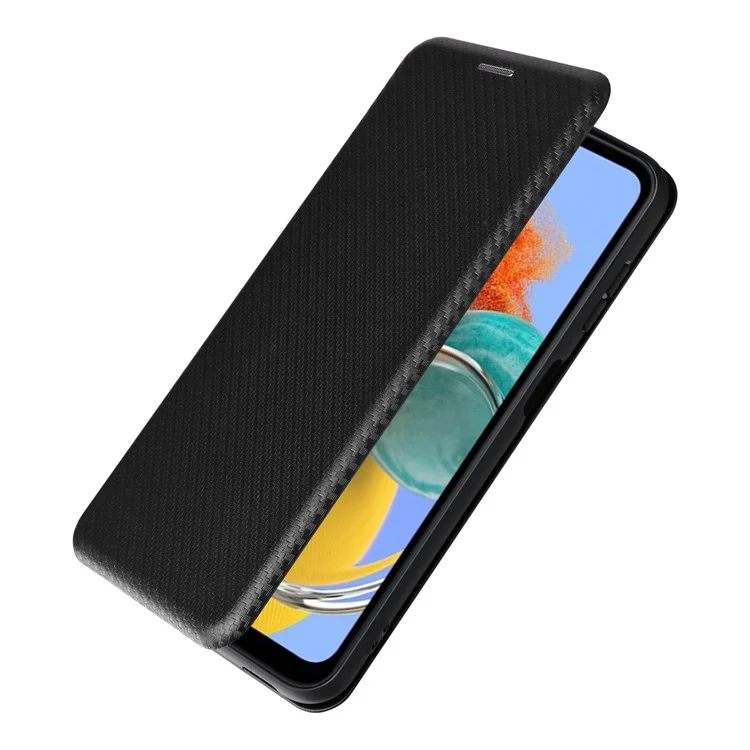 Custodia per telefono per Samsung Galaxy M14 5G Cover TPU+PU Leather Stand Carbon Fiber Texture Case con slot per schede - Nero