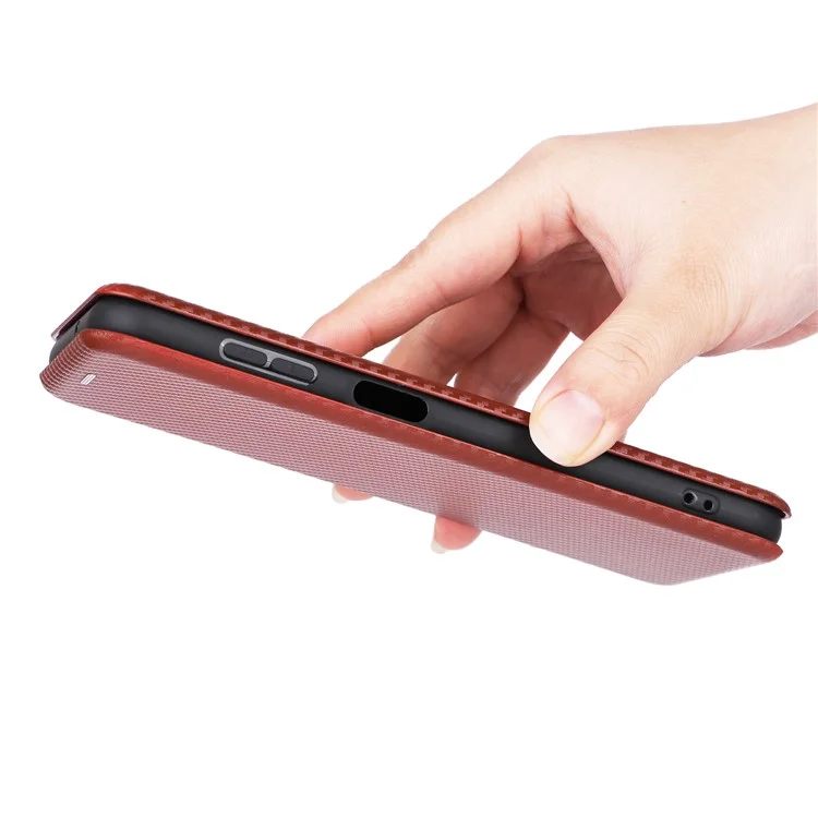 For Samsung Galaxy M14 5G Phone Cover TPU+PU Leather Stand Carbon Fiber Texture Phone Case with Card Slot - Brown