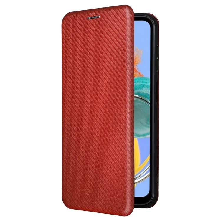 For Samsung Galaxy M14 5G Phone Cover TPU+PU Leather Stand Carbon Fiber Texture Phone Case with Card Slot - Brown