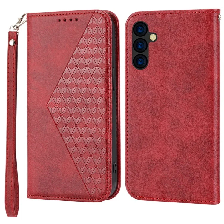 Phone Case for Samsung Galaxy A24 4G (162.1 x 77.6 x 8.3mm) , Imprinted Rhombus Pattern Wallet Calf Texture PU Leather Stand Phone Cover - Red