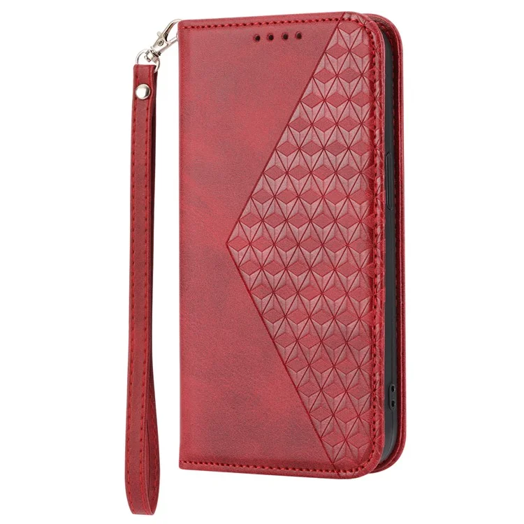 Phone Case for Samsung Galaxy A24 4G (162.1 x 77.6 x 8.3mm) , Imprinted Rhombus Pattern Wallet Calf Texture PU Leather Stand Phone Cover - Red