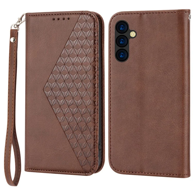 Для Samsung Galaxy M14 5G Imprinted Rhombus Pattern Phone Shell Calf Texture PU Leather Stand Phone Case - Brown