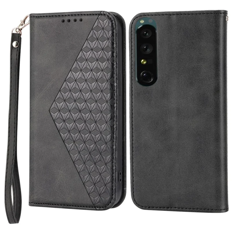 Calf Texture Phone Case for Sony Xperia 1 V , Imprinted Rhombus Pattern PU Leather Stand Phone Cover - Black