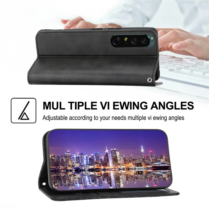 Calf Texture Phone Case for Sony Xperia 1 V , Imprinted Rhombus Pattern PU Leather Stand Phone Cover - Black