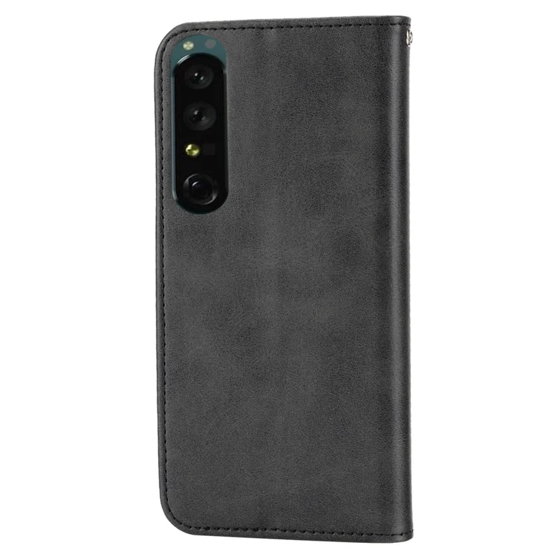 Calf Texture Phone Case for Sony Xperia 1 V , Imprinted Rhombus Pattern PU Leather Stand Phone Cover - Black