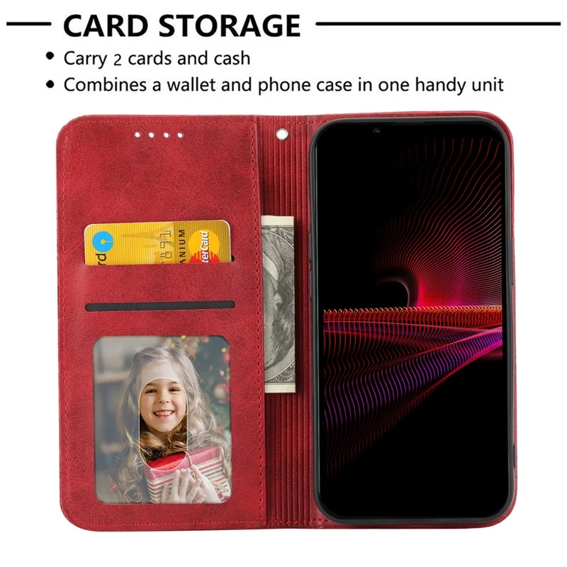 Calf Texture Phone Case for Sony Xperia 1 V , Imprinted Rhombus Pattern PU Leather Stand Phone Cover - Red