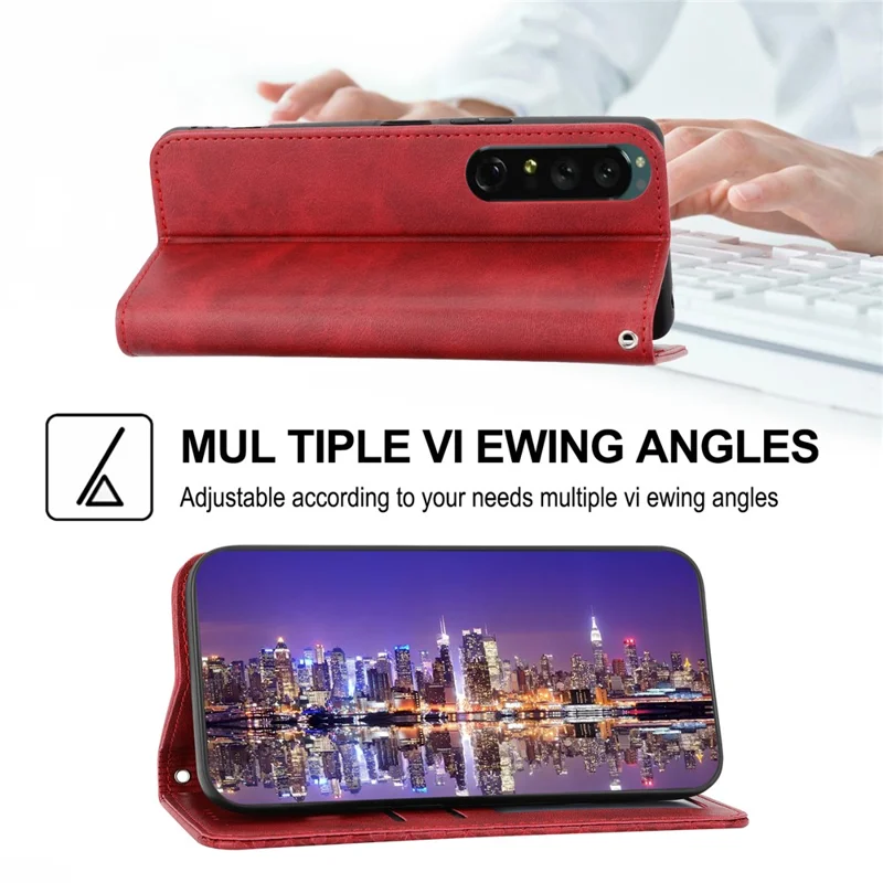 Calf Texture Phone Case for Sony Xperia 1 V , Imprinted Rhombus Pattern PU Leather Stand Phone Cover - Red