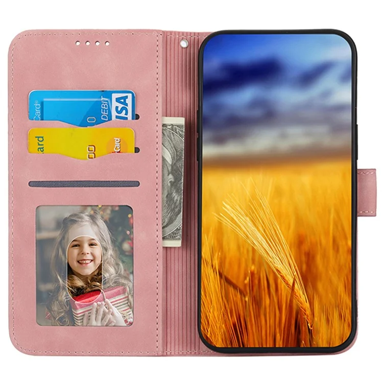 DIERFENG DF-03 Per Samsung Galaxy M14 5G Custodia Portafoglio Telefono con Linee Impresse Pelle Flip Cover con Supporto - Rosa