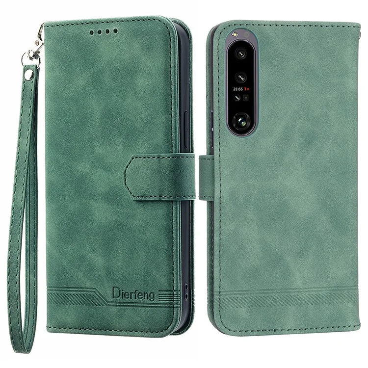 DIERFENG DF-03 For Sony Xperia 1 V Shockproof Case Lines Imprinted Phone Case Leather Flip Cover with Stand - Green