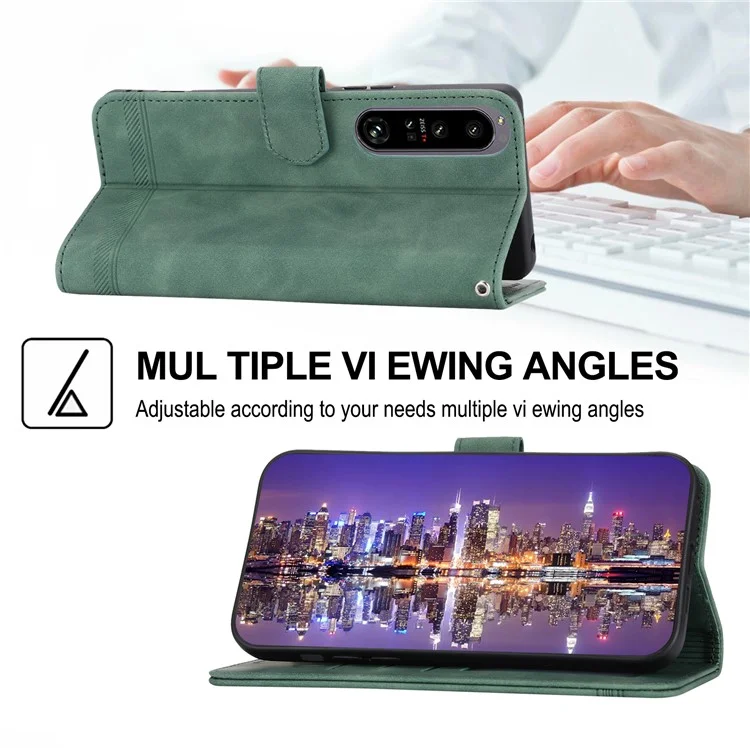 DIERFENG DF-03 For Sony Xperia 1 V Shockproof Case Lines Imprinted Phone Case Leather Flip Cover with Stand - Green